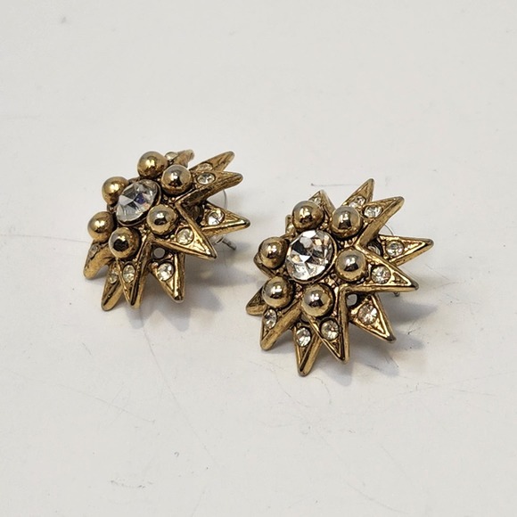 Starburst Clear Crystal Gold Tone Post Earrings Pierced Costume Jewelry Stars - Picture 2 of 5